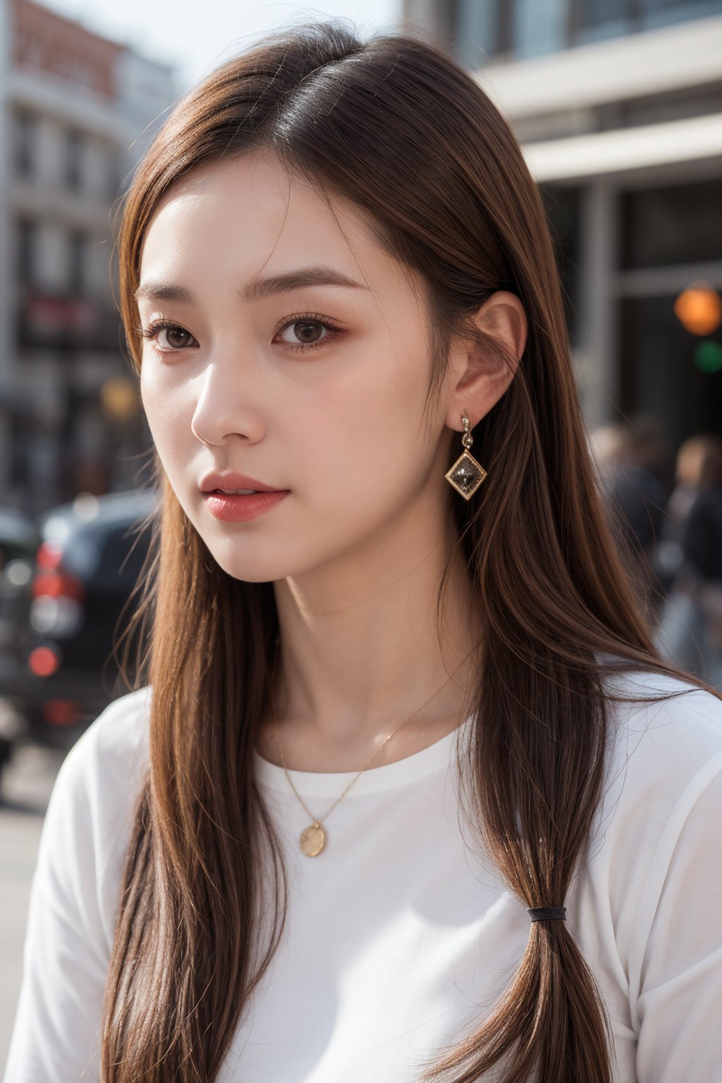 1girl, solo, long hair, looking at viewer, blonde hair, brown hair, gloves, brown eyes, jewelry, full body, earrings, mole, uniform, lips, realistic, electricity, energy