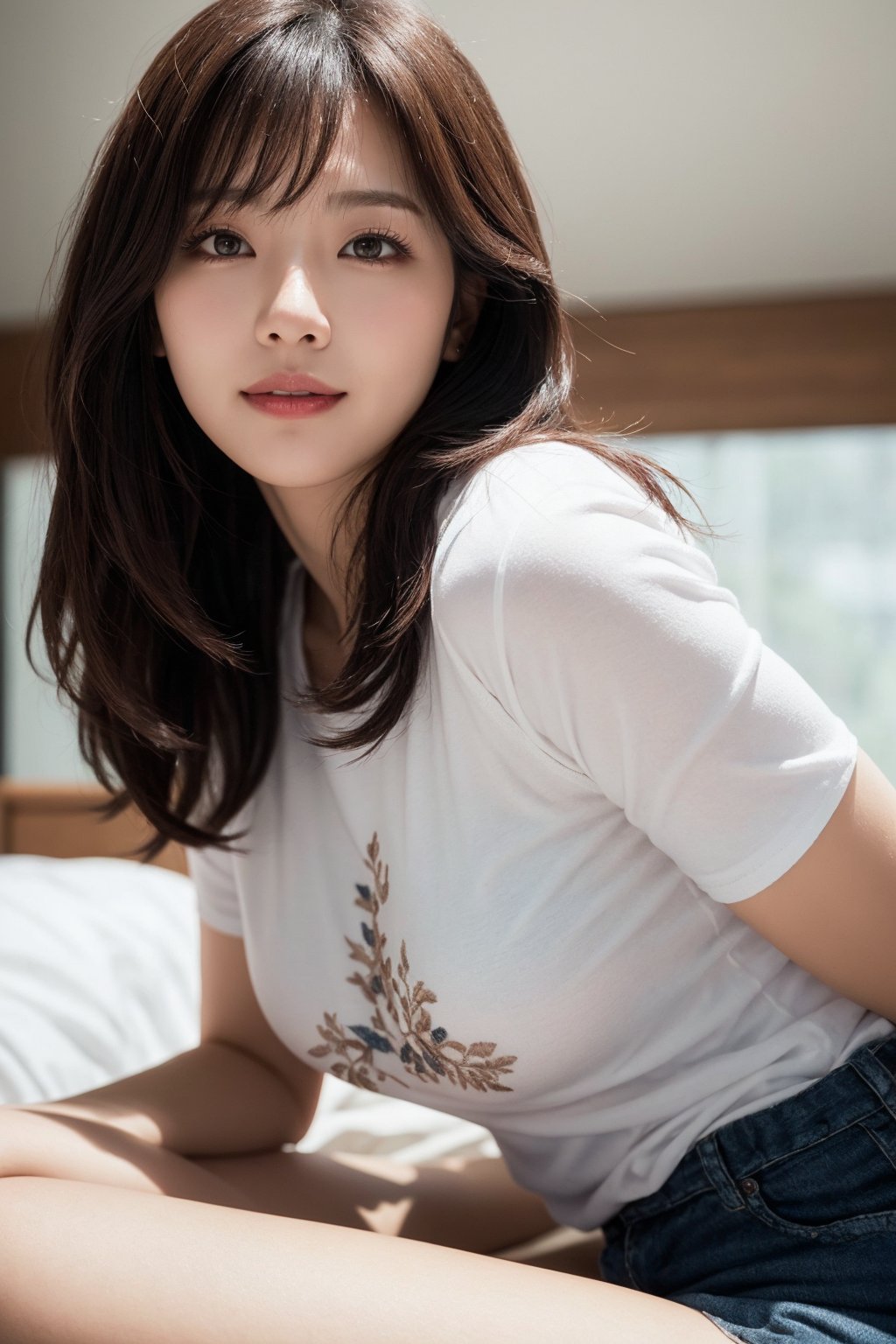 Best quality, raw photo, photorealism, UHD, lifelike rendering, (upper body portrait:1.2), Photo of Beautiful Korean woman, mid-twenty milf, kpop idol, stunning, medium dark brown hair, double eyelids, dark brown eyes, natural medium breasts, pale skin, daily outfit, (oversized:1.3) white short sleeve T-shirt, ornate embroidered thong, indoor, lying, sharp focus, seductive face, sexy eyes, smile, look at camera, from below, closed to up, thighs focus, detailed eyes and facial, detailed real skin texture and hair, detailed fabric rendering, natural soft daylight, ray tracing 