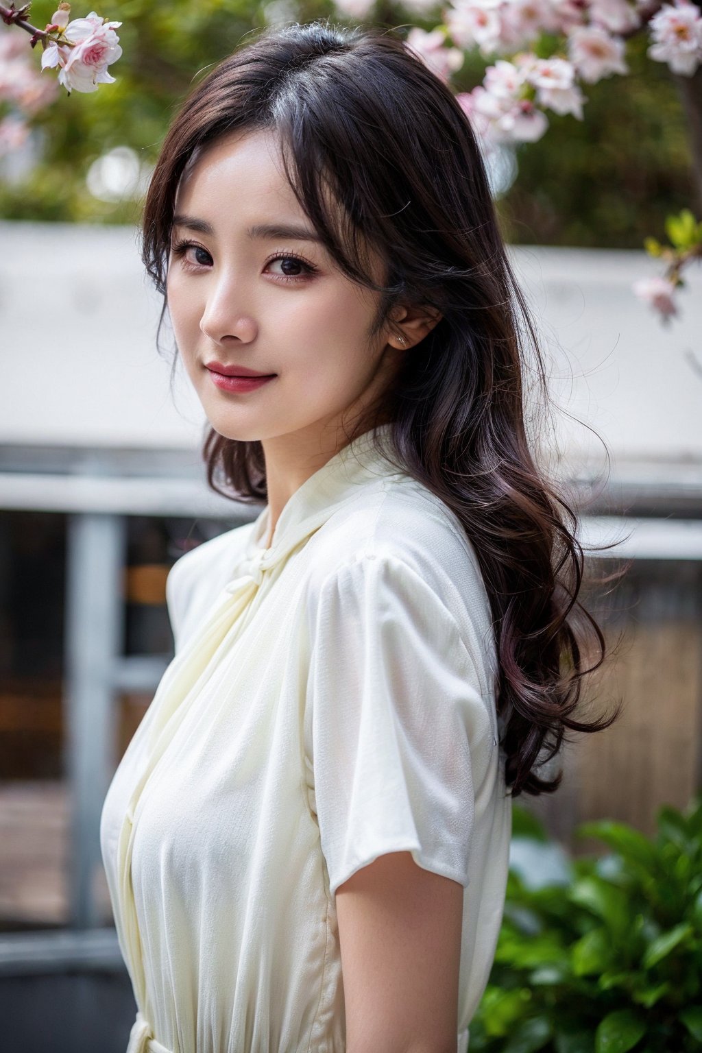 Best quality, raw photo, photorealism, UHD,lifelike rendering, (upper body portrait:1.2), Photo of Beautiful Korean woman, mid-twenty, kpop idol, stunning, (medium dark brown hair), double eyelids, dark brown eyes, glossy lips, natural medium-large breasts, tall body, soft curves, pale skin, short-sleeve floral-paint loose dress, stunning visuals, lens flare, sharp focus, cherry blossom trees, smile, detailed eyes, detailed facial, detailed real skin texture, detailed fabric rendering, natural soft daylight, ray tracing,han ,iu