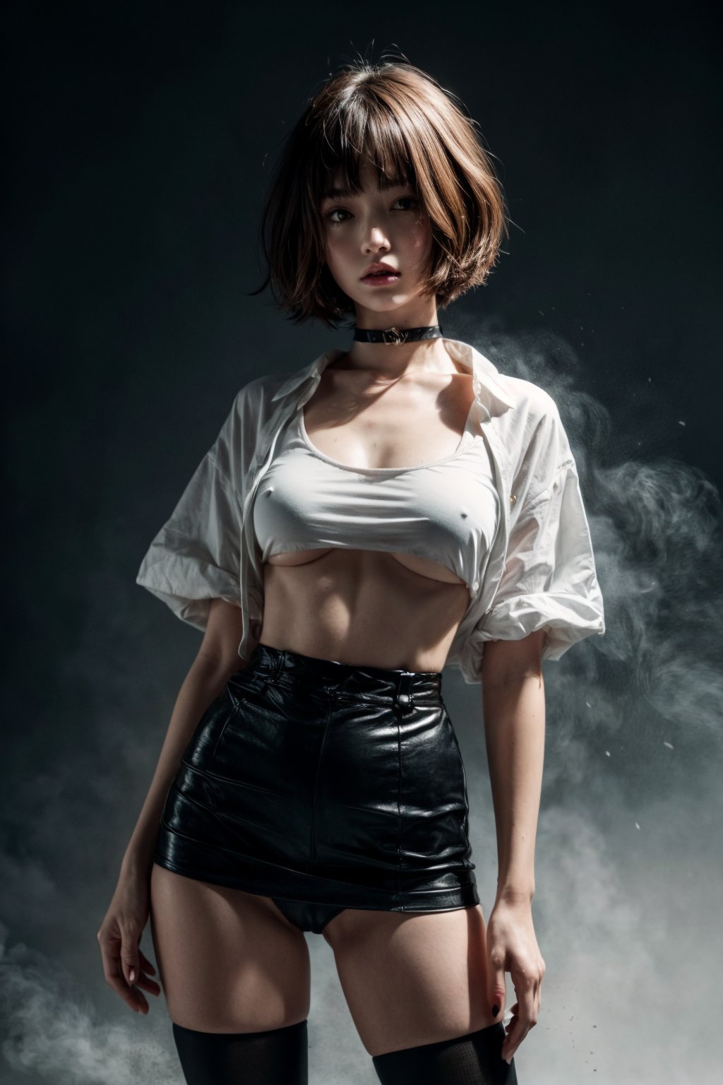 female,(masterpiece, best quality, ultra detailed, absurdres), (white shirt:1.2), black dress, neck ribbon, 1girl, short hair, demonictech, (red hair:1.2), bangs, from_front, looking_at_viewer, 