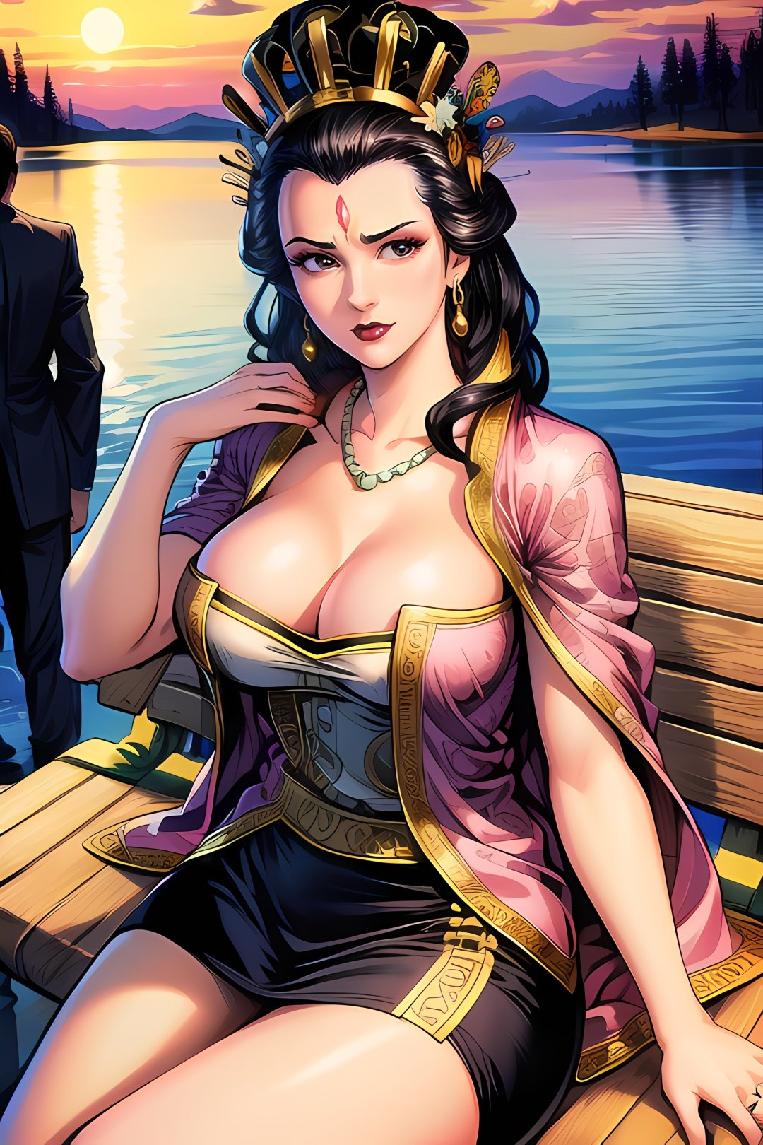 yuanshen,1girl,jewelry,black hair,necklace,earrings,solo,makeup,breasts,crown,cleavage,lipstick,fine art parody,<lora:add_detail:0.5>,<lora:epiNoiseoffset_v2:0.5>,<lora:EnvyBetterHands LoCon_beta2:1>,perfect hands,<lora:玄奇-东方雄1:0.8>,hair rings,(highres, high quality:1.3),intricate details,cinematic lighting,sharp focus,depth of field,sitting on bench,park,evening,sunset,sky,very long hair,makeup,eyelashes,detailed eyes,perfect face,business suit,formal,skirt suit,jacket suit,miniskirt,large breasts,(areola slip:1.2),(nipple slip:0.7),traditional media,hair ornament,