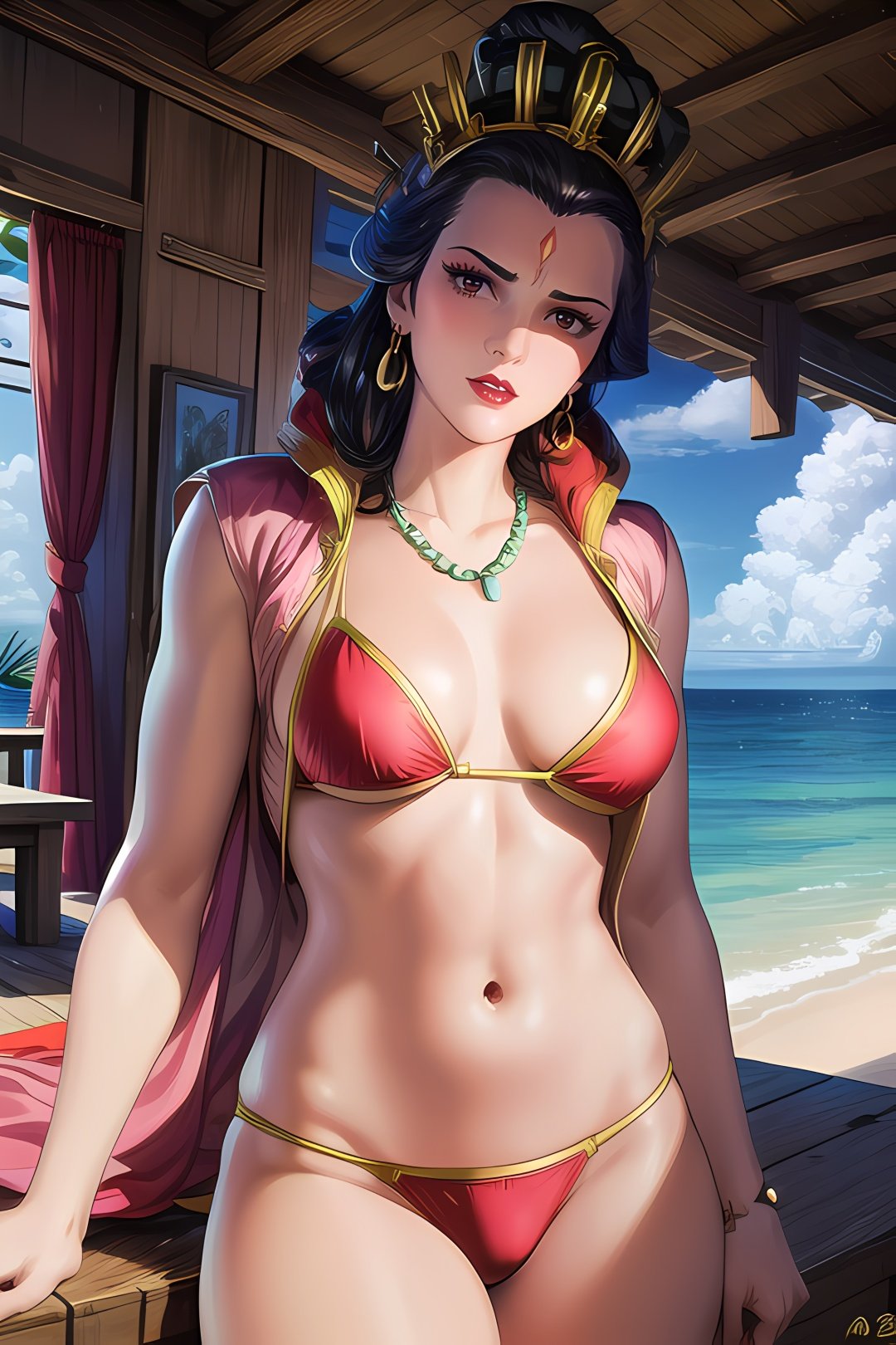 yuanshen,1girl,jewelry,black hair,necklace,earrings,solo,makeup,breasts,crown,cleavage,lipstick,fine art parody,<lora:add_detail:0.5>,<lora:epiNoiseoffset_v2:0.5>,<lora:EnvyBetterHands LoCon_beta2:1>,perfect hands,<lora:玄奇-东方雄1:0.8>,(highres, high quality:1.2),cinematic lighting,digital art,mature female,detailed face,(red bikini:1.5),(arm sagging:1.5),looking at viewer,outdoors,ocean,beach,coconut tree,sunbath,bright,natural light,