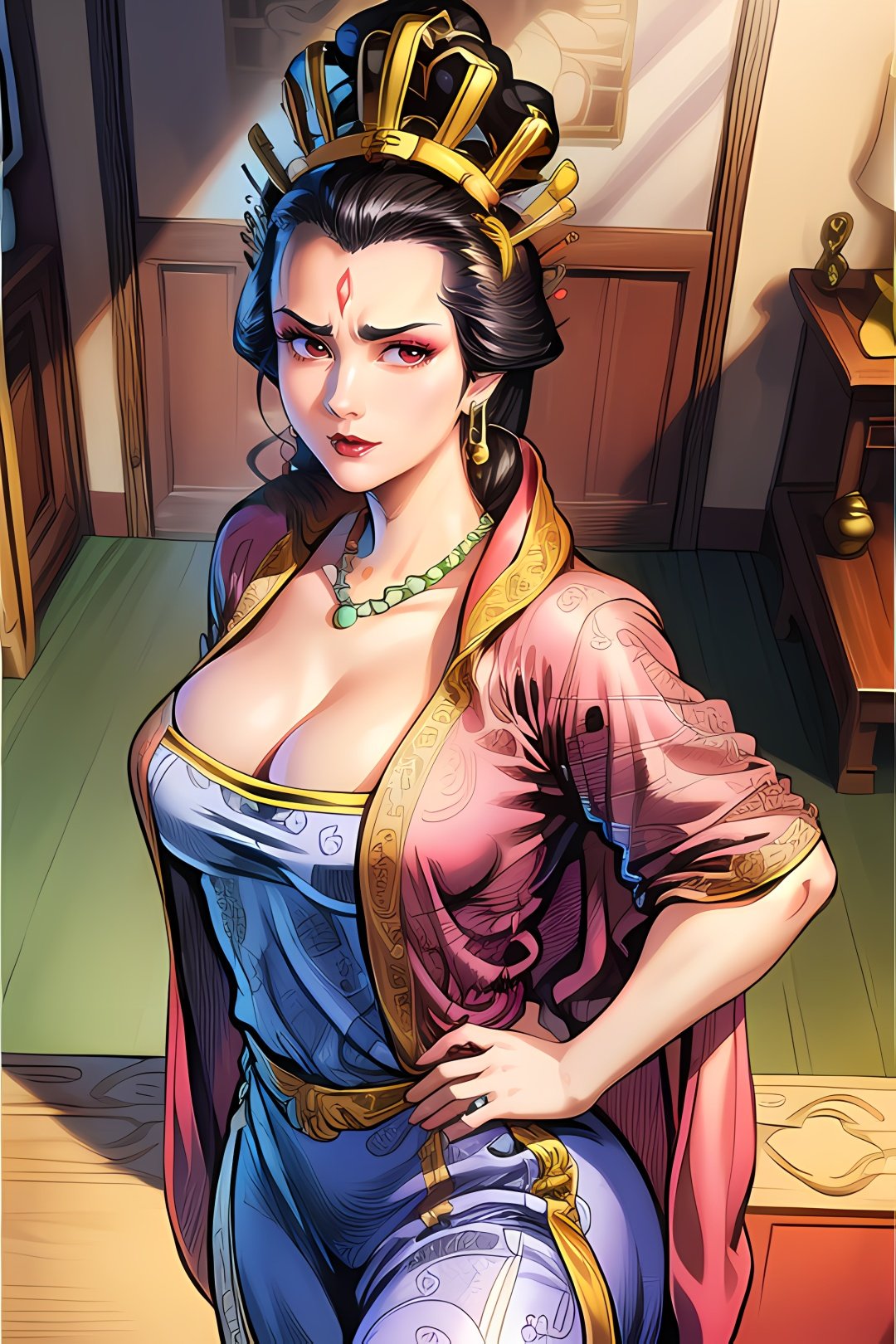 yuanshen,1girl,jewelry,black hair,necklace,earrings,solo,dress,makeup,breasts,crown,cleavage,lipstick,fine art parody,chinese clothes,<lora:add_detail:0.5>,<lora:epiNoiseoffset_v2:0.5>,<lora:EnvyBetterHands LoCon_beta2:1>,perfect hands,<lora:玄奇-东方雄1:0.8>,(arms sagging:1.5),upper body,looking at viewer,