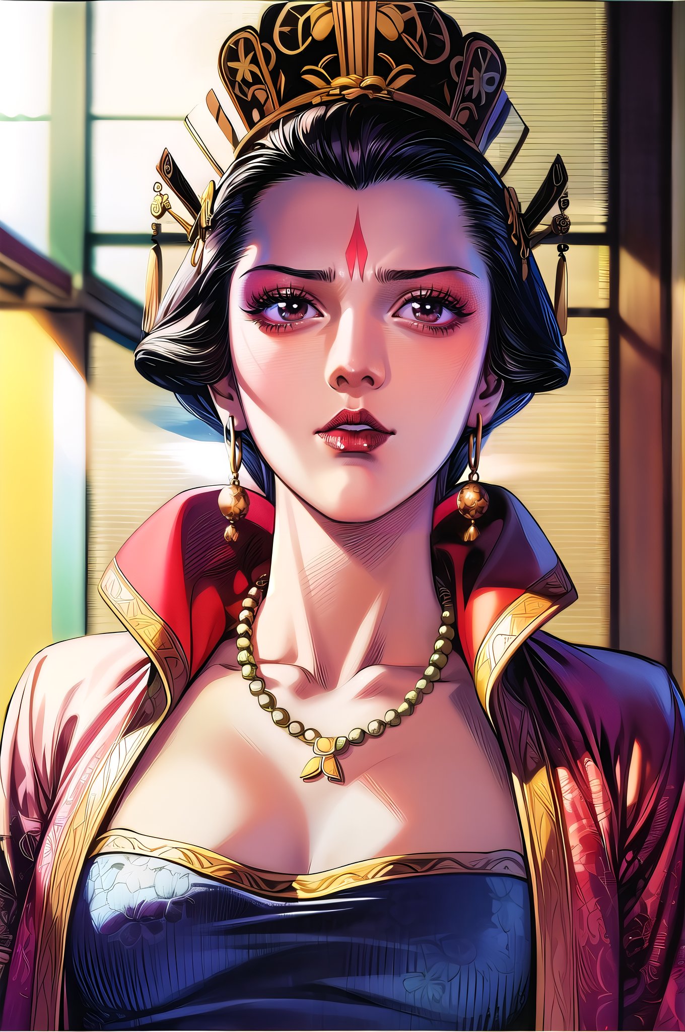 yuanshen,1girl,jewelry,black hair,necklace,earrings,solo,dress,makeup,breasts,crown,cleavage,lipstick,fine art parody,chinese clothes, nice hands, perfect balance, looking at viewer, closed mouth, (Light_Smile:0.3), official art, extremely detailed CG unity 8k wallpaper, perfect lighting, Colorful, Bright_Front_face_Lighting, White skin, (masterpiece:1), (best_quality:1), ultra high res, 4K, ultra-detailed, photography, 8K, HDR, highres, absurdres:1.2, Kodak portra 400, film grain, blurry background, bokeh:1.2, lens flare, (vibrant_color:1.2), professional photograph, (narrow_waist),