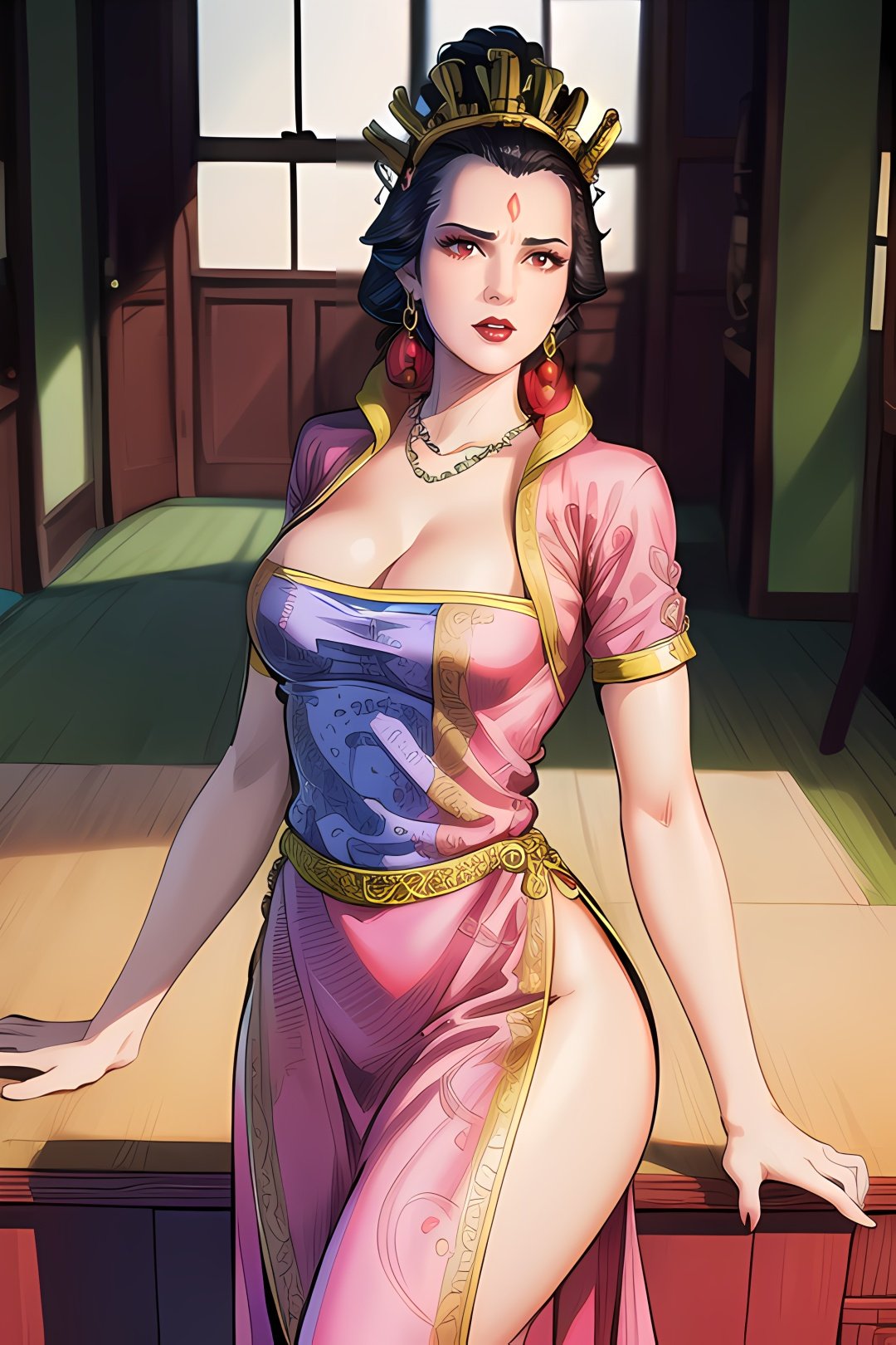 yuanshen,1girl,jewelry,black hair,necklace,earrings,solo,dress,makeup,breasts,crown,cleavage,lipstick,fine art parody,chinese clothes,<lora:add_detail:0.5>,<lora:epiNoiseoffset_v2:0.5>,<lora:EnvyBetterHands LoCon_beta2:1>,perfect hands,<lora:玄奇-东方雄1:0.8>,(highres, high quality:1.2),cinematic lighting,shadows,digital art,mature female,(arm sagging:1.5),looking at viewer,