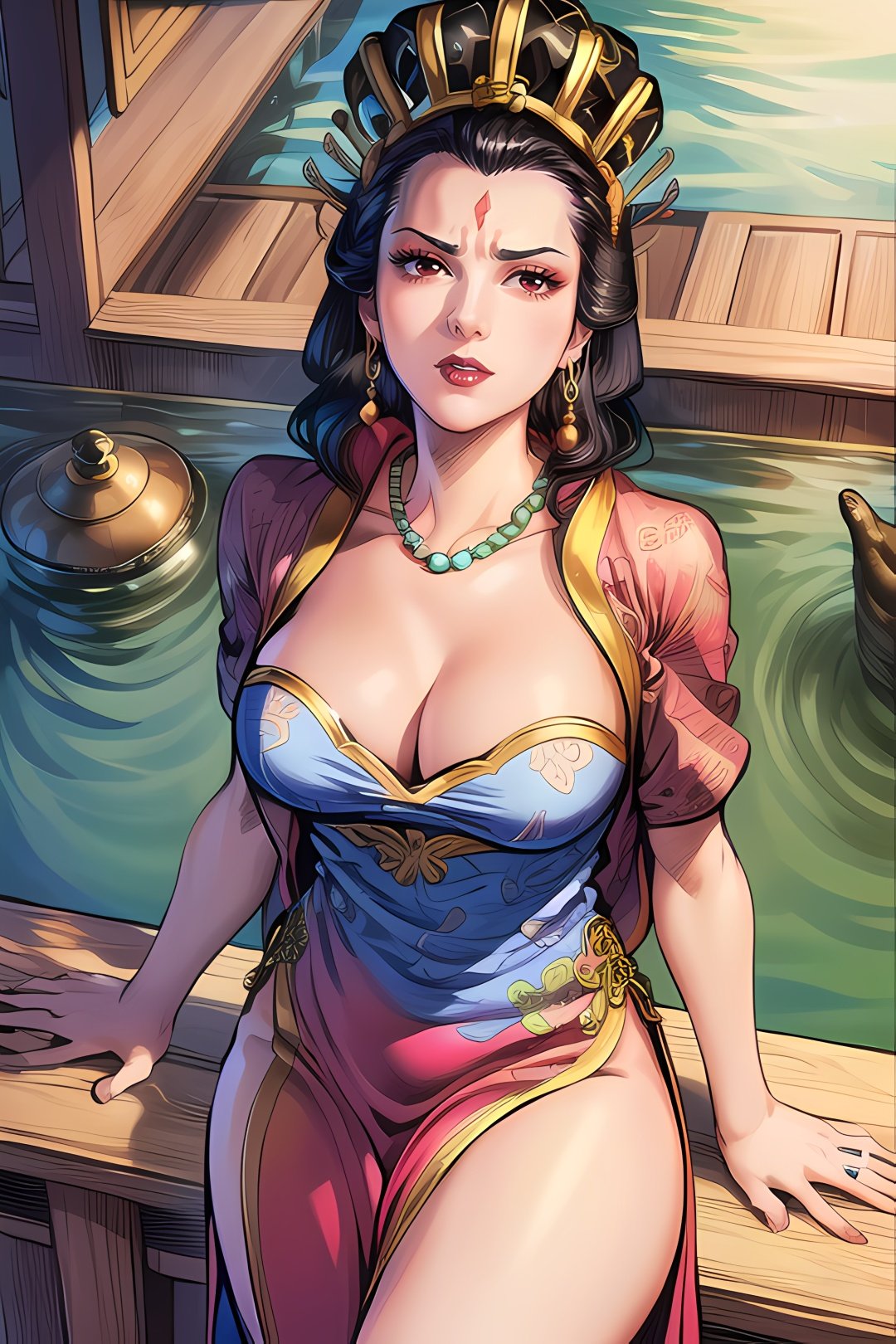 yuanshen,1girl,jewelry,black hair,necklace,earrings,solo,dress,makeup,breasts,crown,cleavage,lipstick,fine art parody,chinese clothes,<lora:add_detail:0.5>,<lora:epiNoiseoffset_v2:0.5>,<lora:EnvyBetterHands LoCon_beta2:1>,perfect hands,<lora:玄奇-东方雄1:0.8>,(arms sagging:1.5),upper body,looking at viewer,