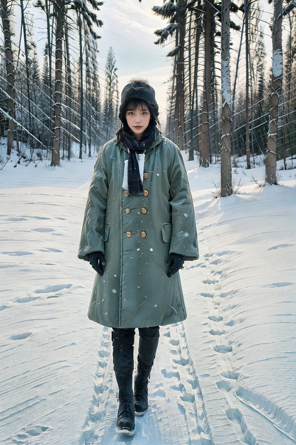  ((masterpiece)), ((best quality)), 8k, high detailed, ultra-detailed,(1girl),full-body, in winter, (snowy ground), (outdoor), (cold), (white), (freezing), (winter clothing), (boots), (coat), (hat), (gloves), (scarf), (ice), (snowflakes), (blue sky), (sunlight), (tree branches), (winter scenery).,lvlvlv,1girl,moyou