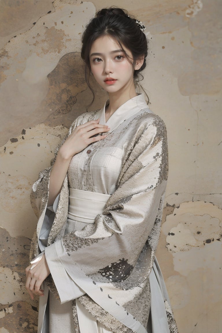 (linen texture:1.1),1girl,hanfu,rough texture of clothing,silver foil texture acts on clothes,the rough texture of silver foil acts on clothes,the effect of linen texture on clothing,mucha art style,, best quality,masterpiece,(photo realistic),