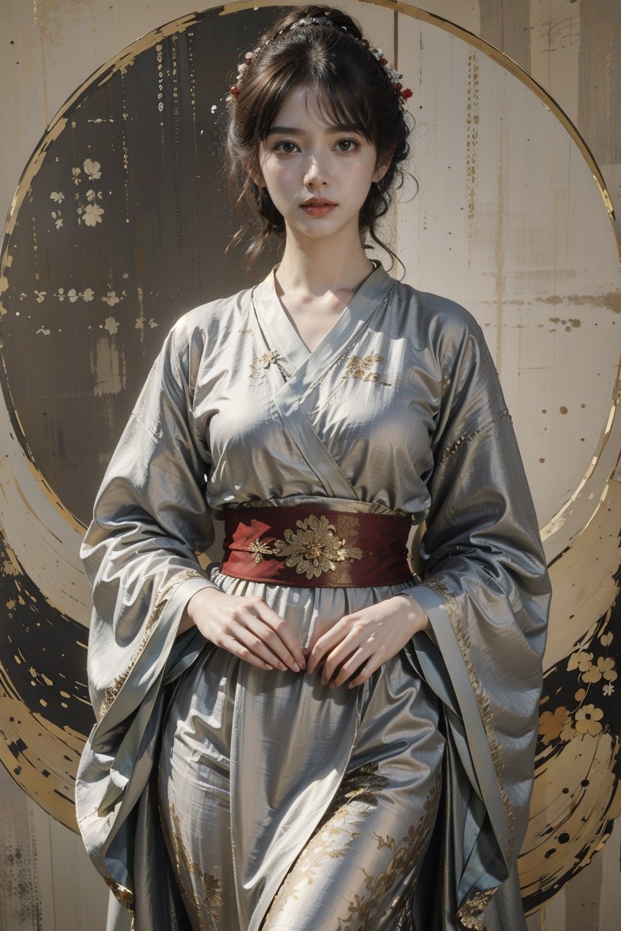 1girl,hanfu,silver foil texture,linen texture,linen texture background,linen texture clothing,vermilion belt,printing,mucha art style,sleeves printed in red gold,figure,jewelry,a white top,, best quality,masterpiece,(photo realistic),