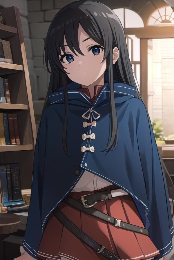 shizukananahoshi, <lyco:shizukananahoshis2-lyco-nochekaiser:1>, shizuka nanahoshi, long hair, black hair, (black eyes:1.5), sidelocks,BREAK skirt, long sleeves, pleated skirt, boots, belt, cape, mask, red skirt, blue cape,BREAK indoors, library,BREAK looking at viewer, (cowboy shot:1.5), BREAK <lyco:GoodHands-beta2:1>, (masterpiece:1.2), best quality, high resolution, unity 8k wallpaper, (illustration:0.8), (beautiful detailed eyes:1.6), extremely detailed face, perfect lighting, extremely detailed CG, (perfect hands, perfect anatomy),