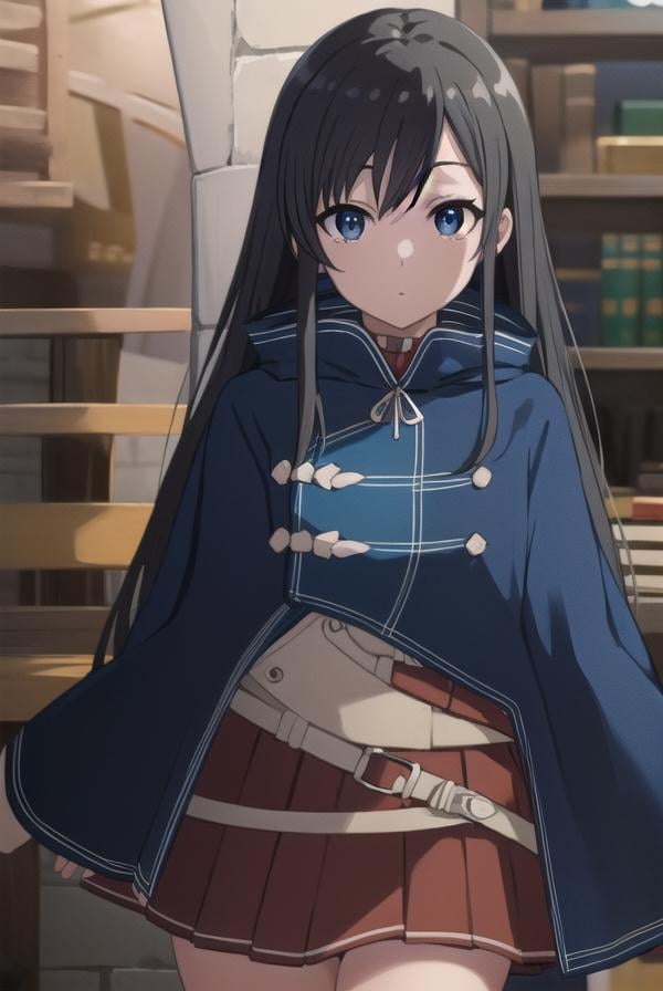 shizukananahoshi, <lyco:shizukananahoshis2-lyco-nochekaiser:1>, shizuka nanahoshi, long hair, black hair, (black eyes:1.5), sidelocks,BREAK skirt, long sleeves, pleated skirt, boots, belt, cape, mask, red skirt, blue cape,BREAK indoors, library,BREAK looking at viewer, (cowboy shot:1.5), BREAK <lyco:GoodHands-beta2:1>, (masterpiece:1.2), best quality, high resolution, unity 8k wallpaper, (illustration:0.8), (beautiful detailed eyes:1.6), extremely detailed face, perfect lighting, extremely detailed CG, (perfect hands, perfect anatomy),