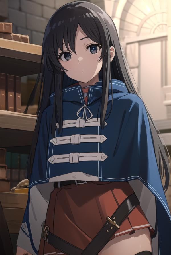 shizukananahoshi, <lyco:shizukananahoshis2-lyco-nochekaiser:1>, shizuka nanahoshi, long hair, black hair, (black eyes:1.5), sidelocks,BREAK skirt, long sleeves, pleated skirt, boots, belt, cape, mask, red skirt, blue cape,BREAK indoors, library,BREAK looking at viewer, (cowboy shot:1.5), BREAK <lyco:GoodHands-beta2:1>, (masterpiece:1.2), best quality, high resolution, unity 8k wallpaper, (illustration:0.8), (beautiful detailed eyes:1.6), extremely detailed face, perfect lighting, extremely detailed CG, (perfect hands, perfect anatomy),