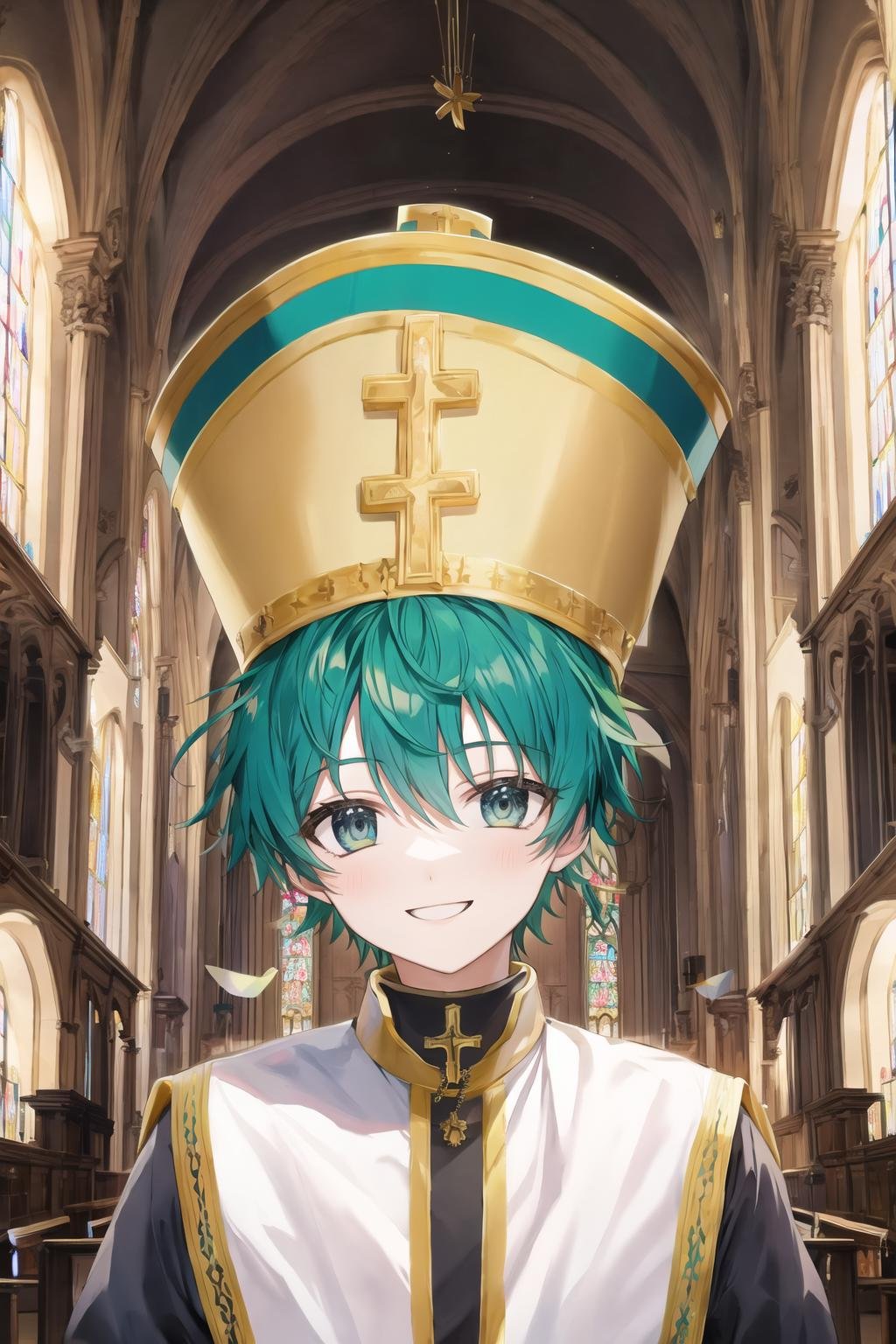 church, indoors,  mitre, 1boy, green hair, priest, looking at viewer, upper body, smile, <lora:Mitre:0.6>