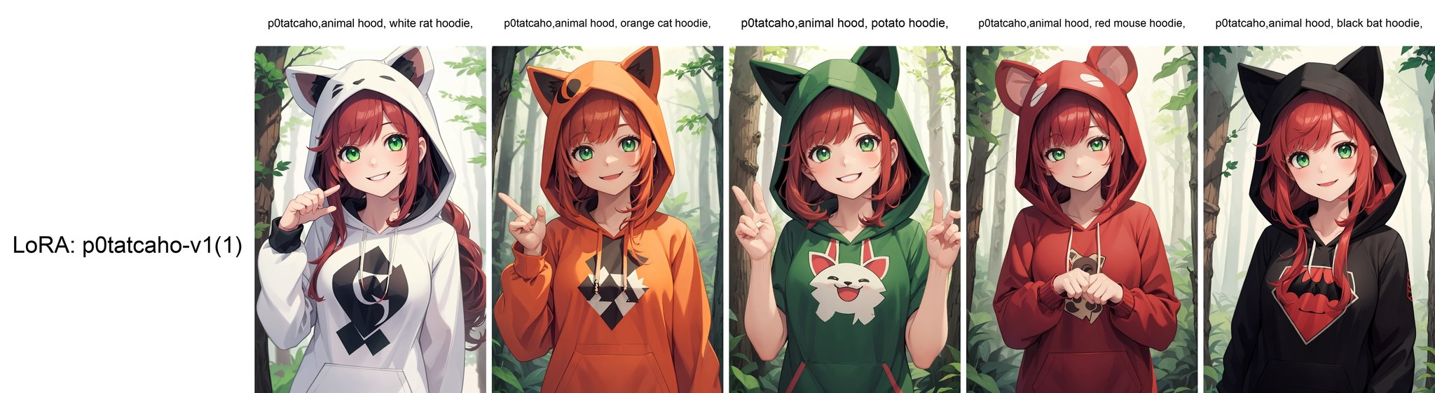 (best quality:1.1), 1girl, p0tatcaho,animal hood, white rat hoodie, red hair, green emerald eyes, forest, smiling,