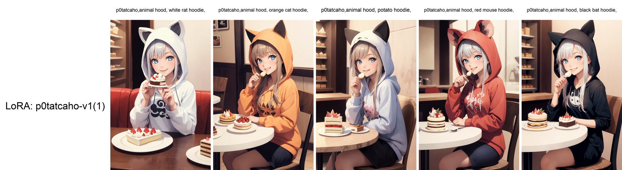 (best quality:1.1), 1girl, p0tatcaho,animal hood, white rat hoodie, white, blue glossy eyes, smiling, sitting on cafe, eating cake, happy, cute