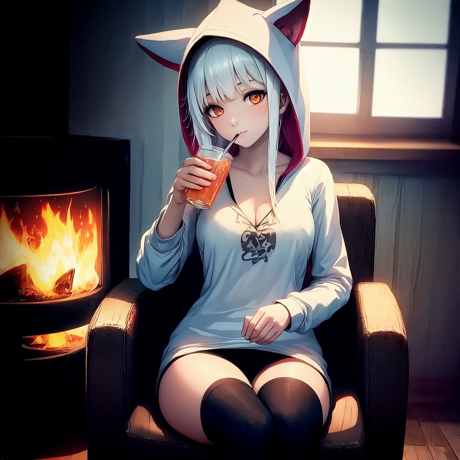 (best quality:1.1),   1girl, p0tatcaho,animal hood, cat hoodie, hood up, sitting on chair, drinking soda, orange eyes, white hair, thigh highs, medium breasts  fire place,   ,[natural lighting:dynamic lighting:0.55],  <lora:p0tatcaho-v1:1>