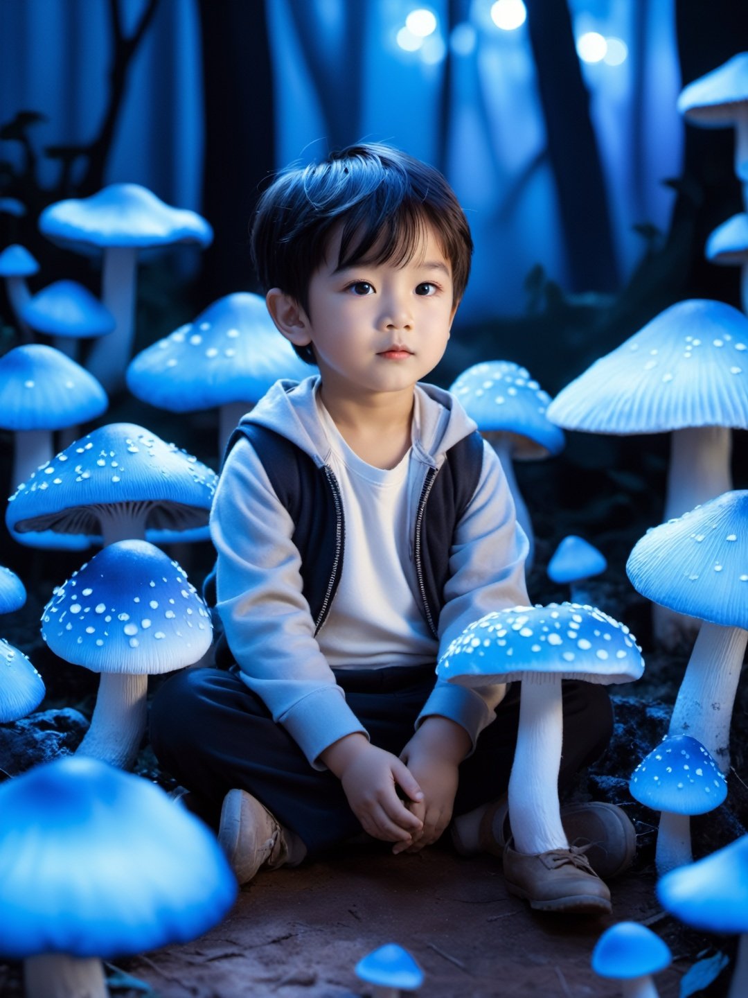  The little boy sat in front of many blue mushrooms, with lighting in the background. In Yeonghaohan's style, UHD images, a dreamy atmosphere, blue glowing mushrooms, maximized, colorful lighting, close-up