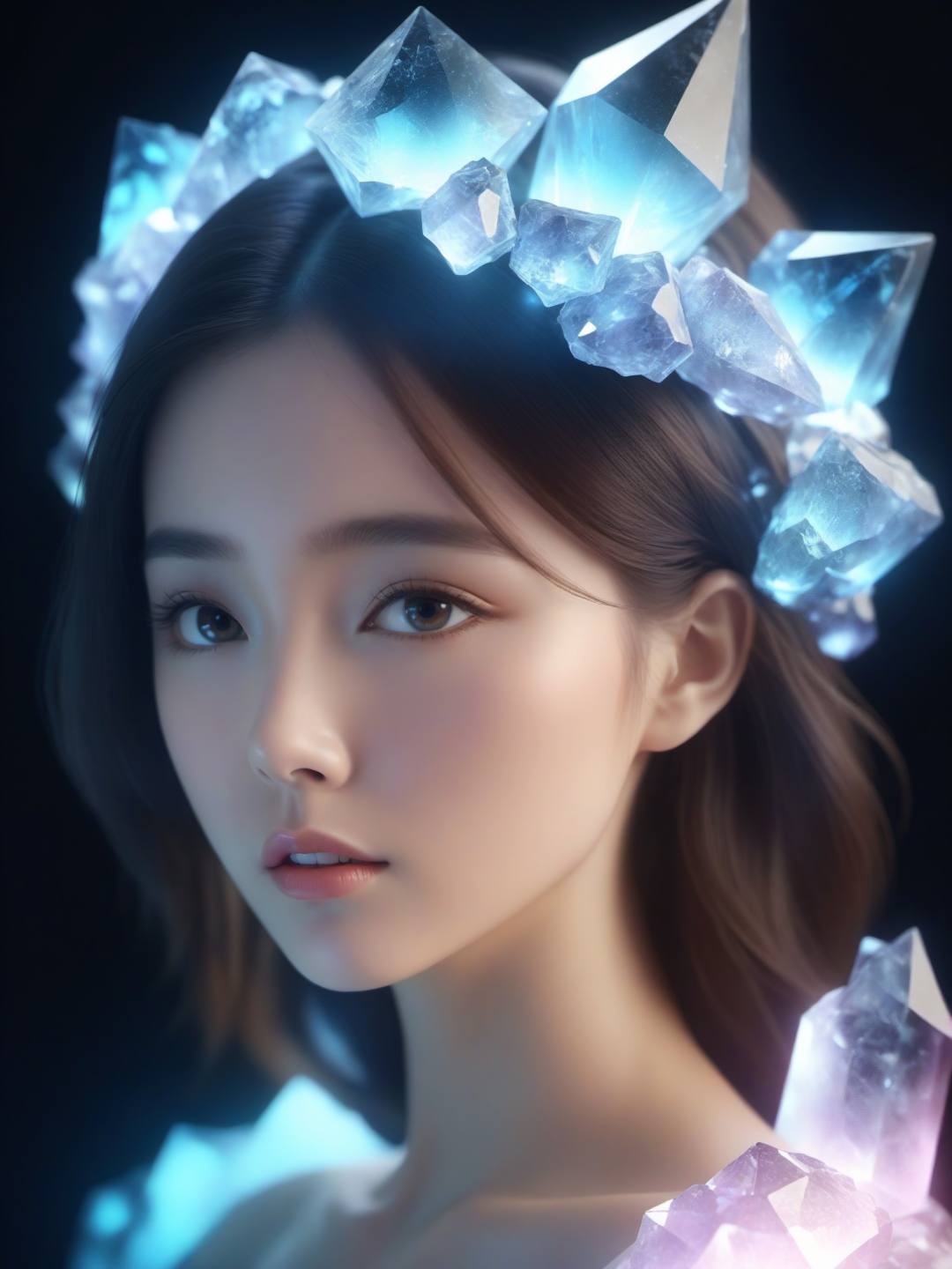 3D， cinematic, fashion photo of a beautiful girl in the style of neomorphism, the transformation of minerals into polymorphs, glowing crystals, hyper detailed, photorealistic, detailed glow, ambient occlusion, ambient light