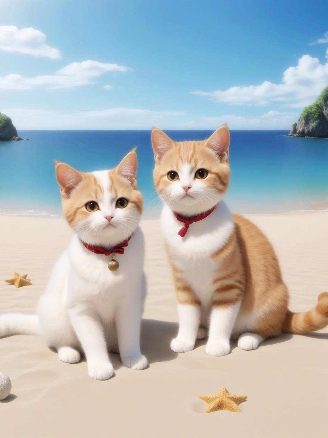 cute cats on beach, in the style of balanced symmetry, spontaneous gestures, movie still, shige's visual aesthetic style, group zero, tondo, creative commons attribution,cute animal,3D