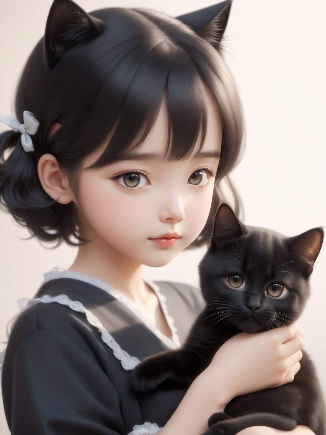 girl with a cute black cat holding it, in the style of photorealistic renderings, babycore, oshare kei, cute and dreamy, 32k uhd, caricature faces, childlike innocence