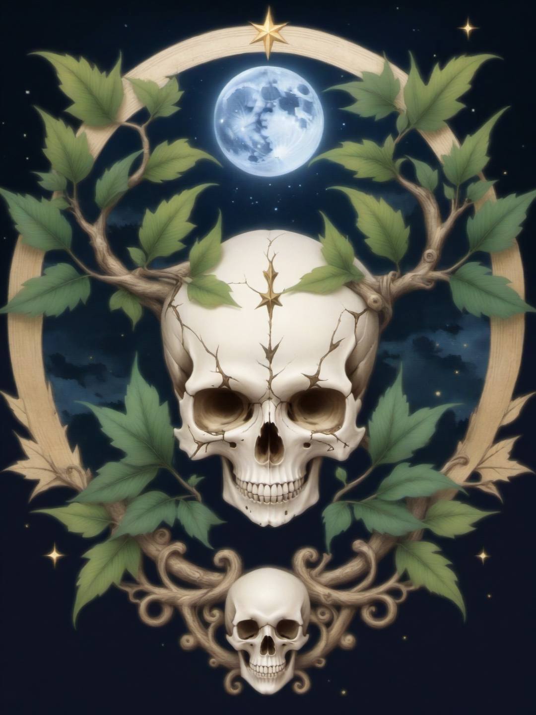 logo,(masterpiece, best quality:1.1), (leafart, leaf:1.2), (skull:1.1), teeth, no humans, sharp teeth, horror \(theme\), outdoors, dryad, night, starry sky