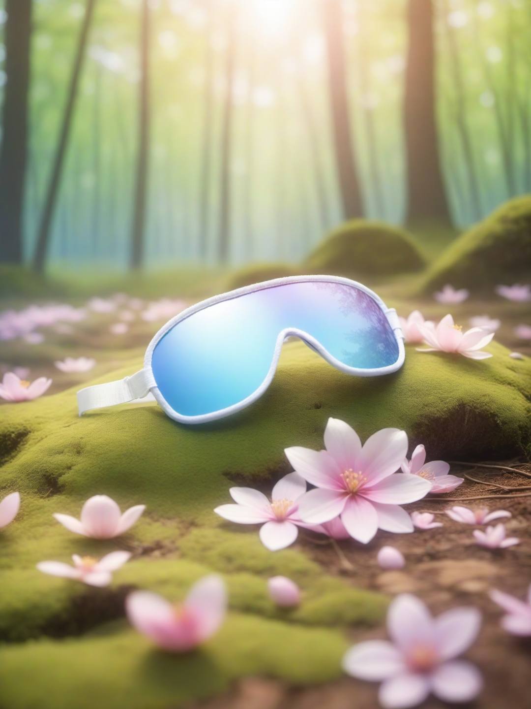 3D, Flowers lie on the forest surface, the serenity of spring, soft light, (spring theme), beautiful spring woods, Fuji, bokeh,Flower Blindfold