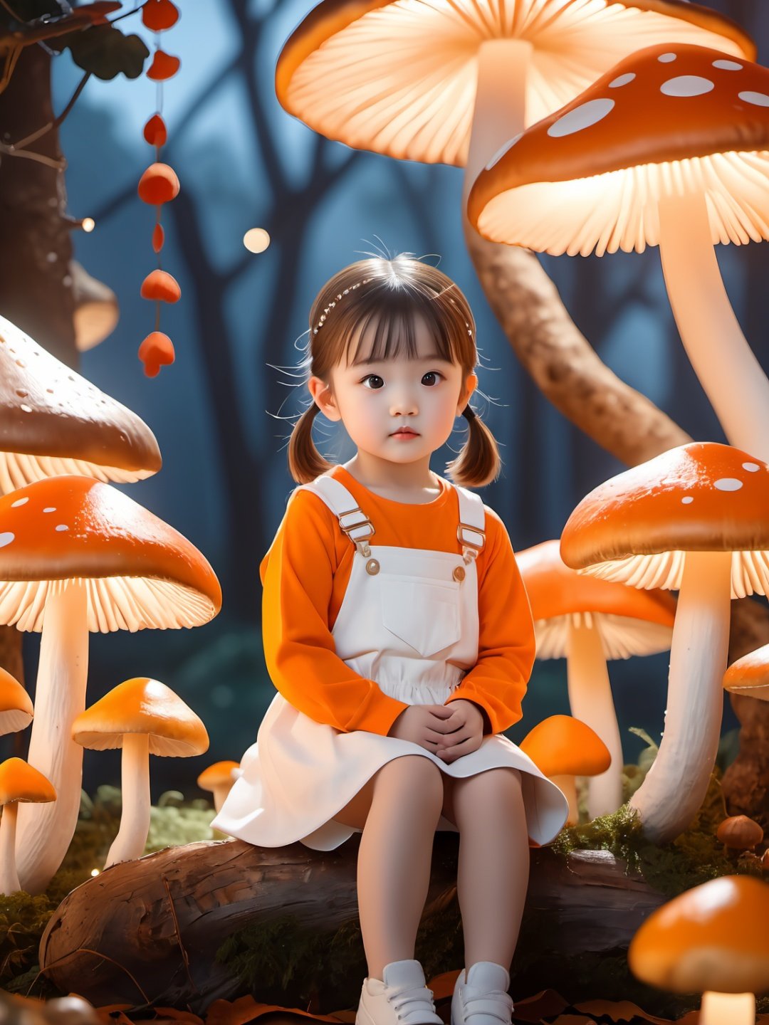  the little girl sitting in front of mushrooms with lights in the background, in the style of yeong hao han, uhd image, dreamlike atmosphere, light white and orange, maximalism, color light, close up,3D