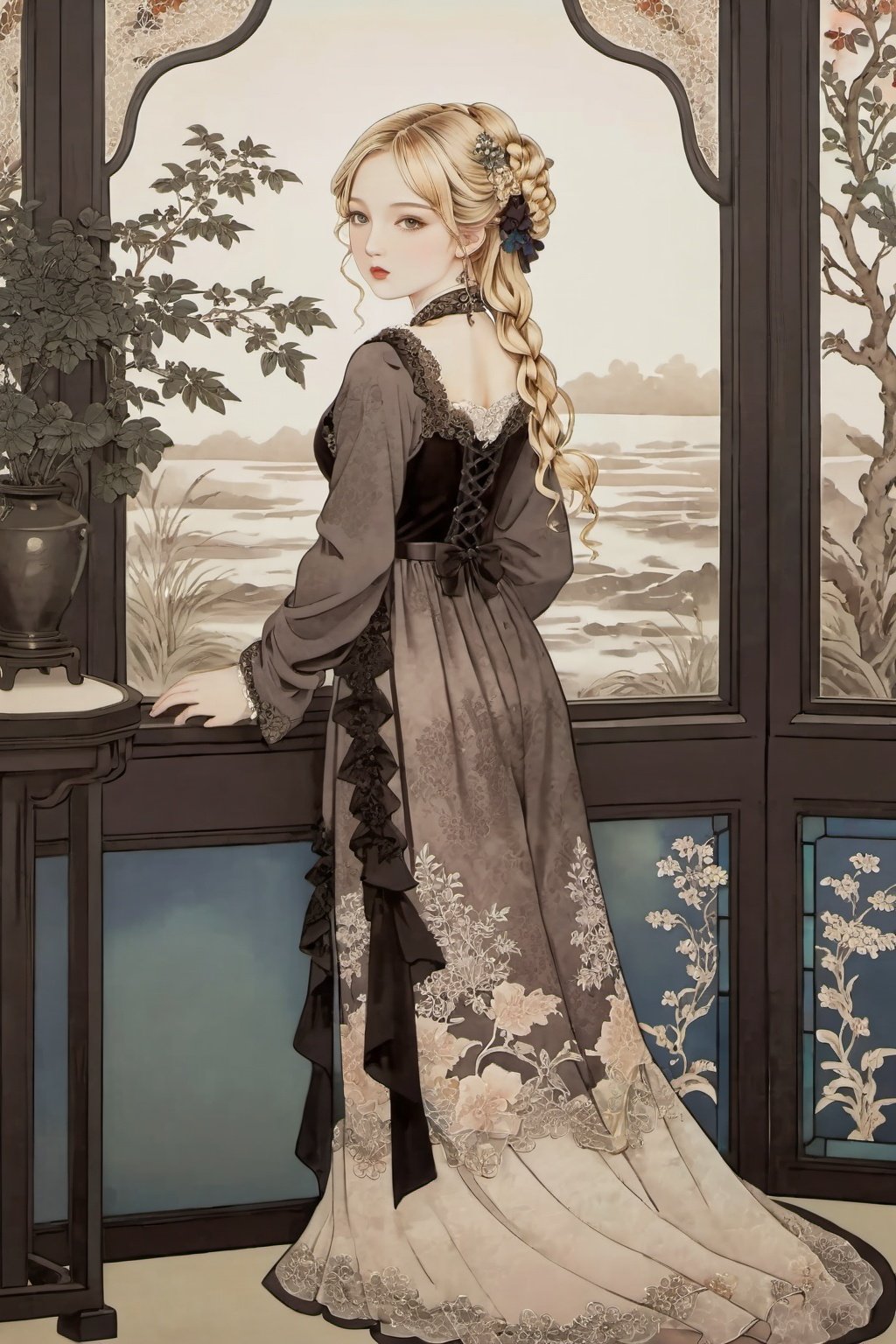  Illustration of a blonde anime twintails wavy hair girl wearing a Gothic lace dress in the style of the Edwardian era, captured in a vintage etching. Her dress is adorned with intricate details reminiscent of Damascus steel. beautiful colorful stained glass ,twintails, cute, Hd,Hd,3D,traditional chinese ink painting