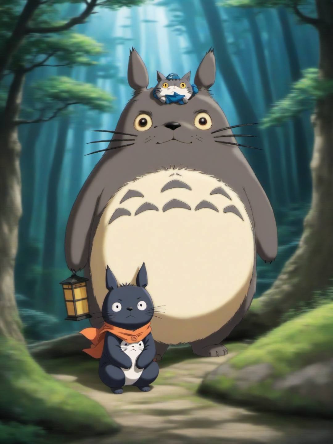 Ghibli artwork Totoro and Naruto Naruto together, dramatic, critical visual, dynamic, highly detailed, studio animation, animated colors, pallas's cat