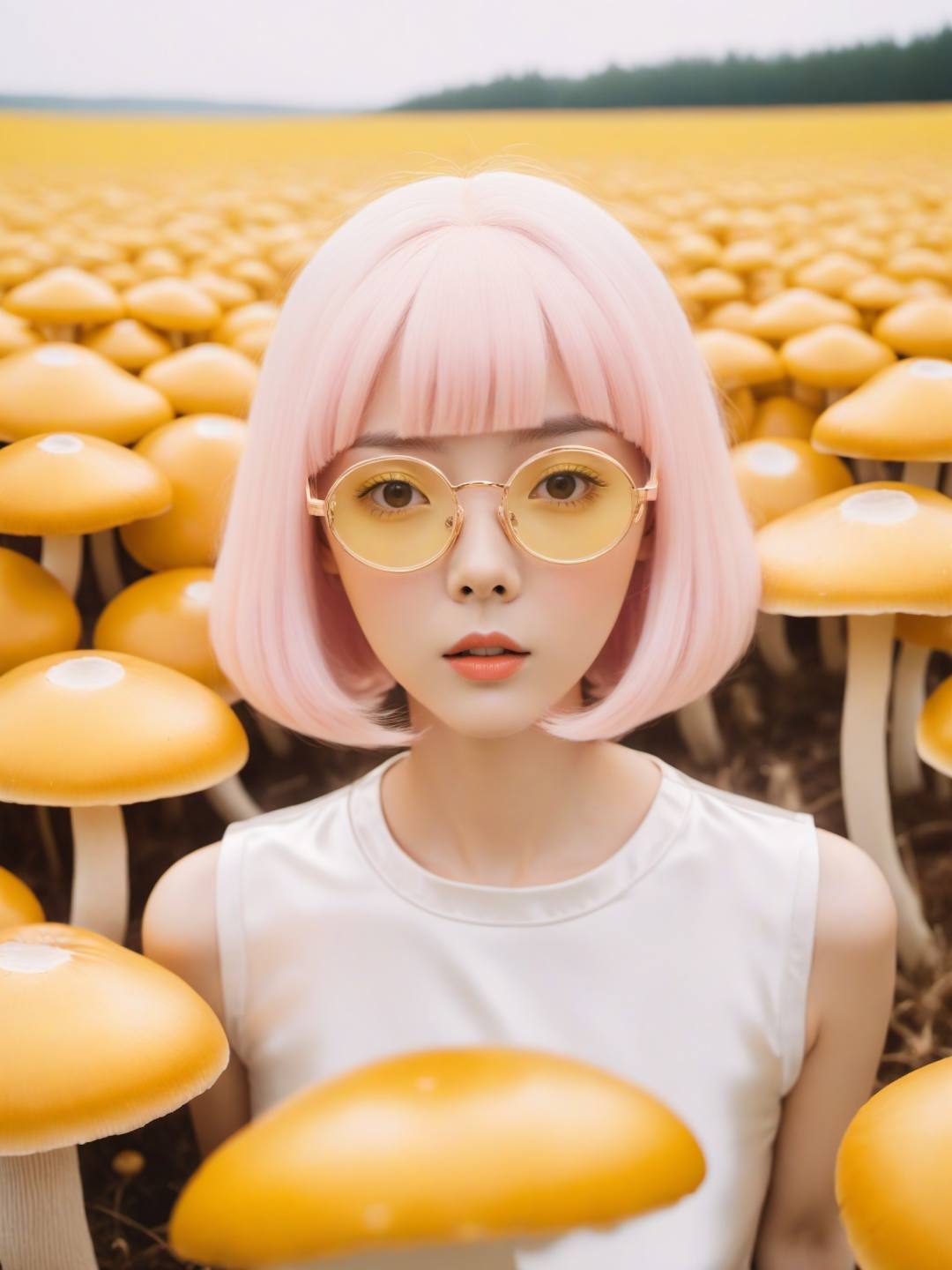 person wears glasses and pink wig in field of yellow mushrooms, in the style of futuristic glam, light orange and light beige, #film, monochromatic tones, sana takeda, electric color schemes