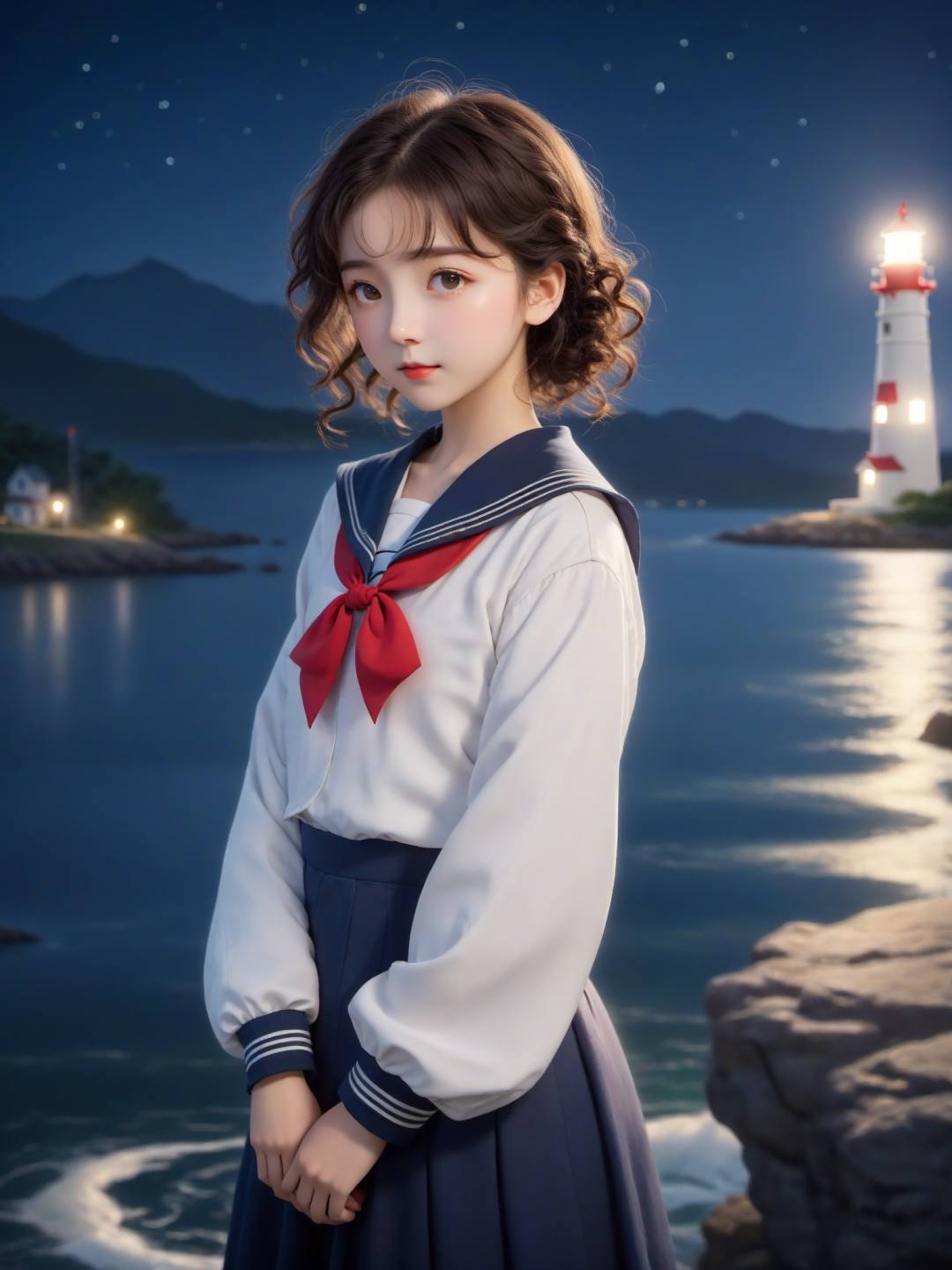 Real photos (1girl: 1.2), curly hair, (sailor suit: 1.3), (realistic style), (lonely lighthouse standing on the shore), (night), (moonlight), (breeze), (sparkling water), a clear stream flowing slowly, (natural scenery), (distant mountains), (starry sky), (peaceful atmosphere), master work, high detail, (close-up of characters)