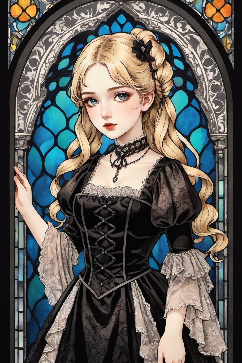  Illustration of a blonde anime twintails wavy hair girl wearing a Gothic lace dress in the style of the Edwardian era, captured in a vintage etching. Her dress is adorned with intricate details reminiscent of Damascus steel. beautiful colorful stained glass ,twintails, cute, Hd,Hd,3D