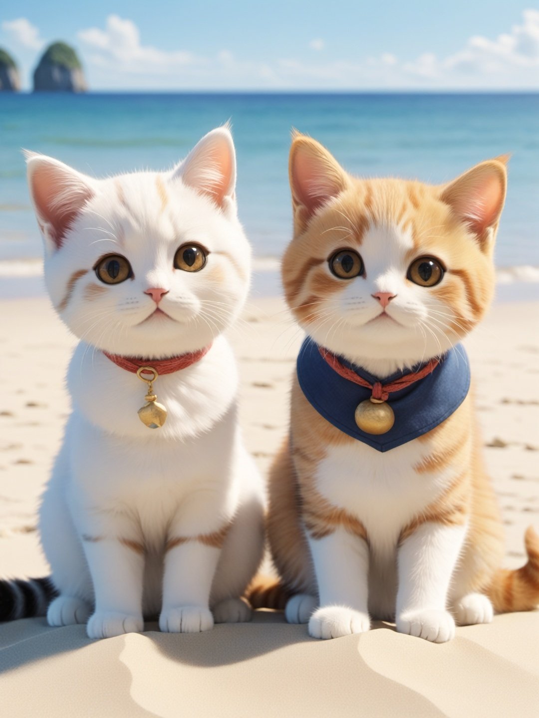  cute cats on beach, in the style of balanced symmetry, spontaneous gestures, movie still, shige's visual aesthetic style, group zero, tondo, creative commons attribution,cute animal,3D