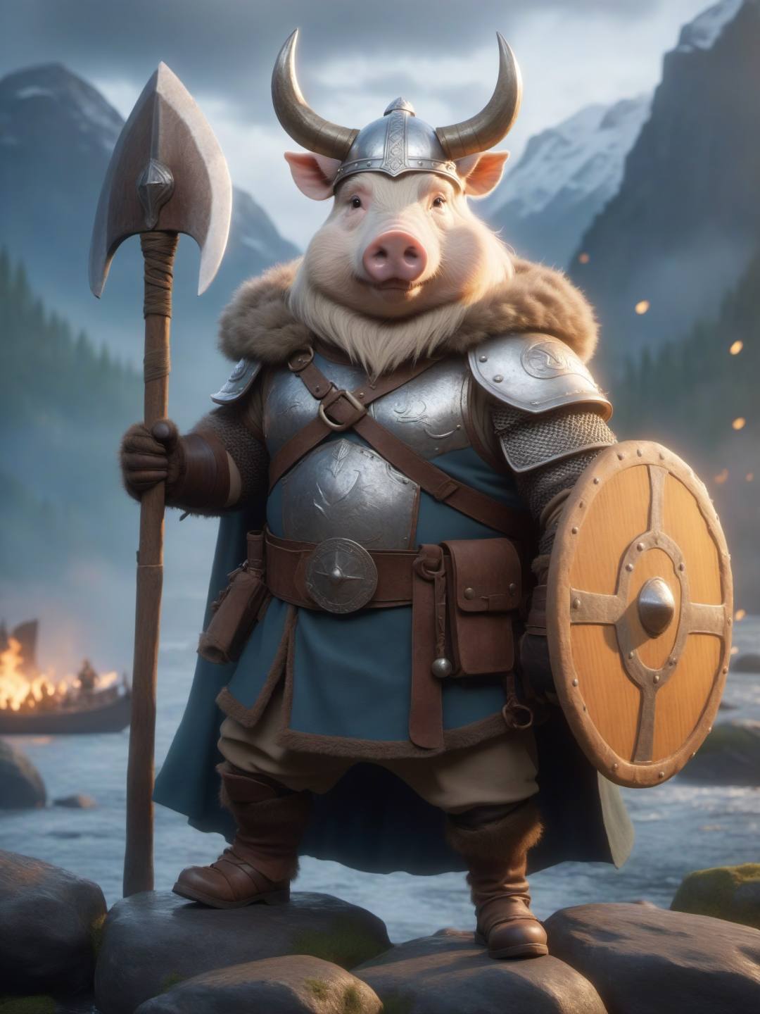 Wearing a horned helmet and fur cape, armed with a small axe, a chubby Pallas pig guides the ferocity of Viking raiders, 4K HD high resolution photos, realistic Hasselblad photography, studio lighting, Disney cartoon character design, Valhalla, Vikings, Viking warriors, canoes