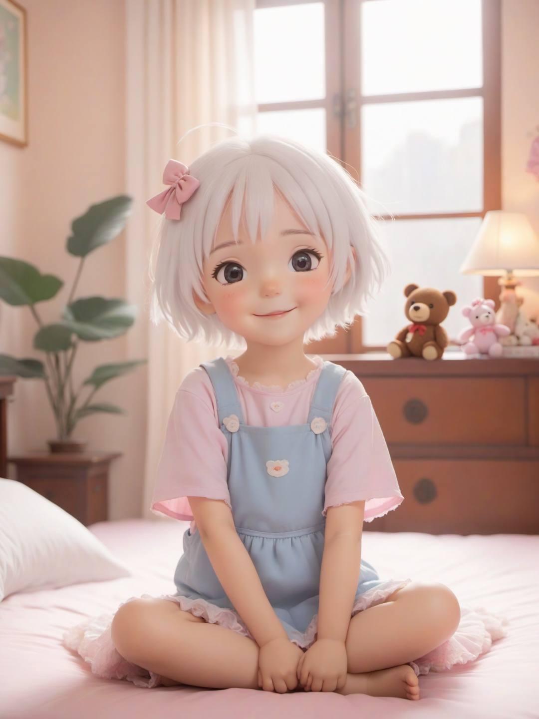 Ghibli artwork, 1 Little girl, white hair, short hair, deep eyes, pink pupils, open arms, smile, indoor, cartoon style bedroom, sitting on bed, bear doll, messy toy, soft background,