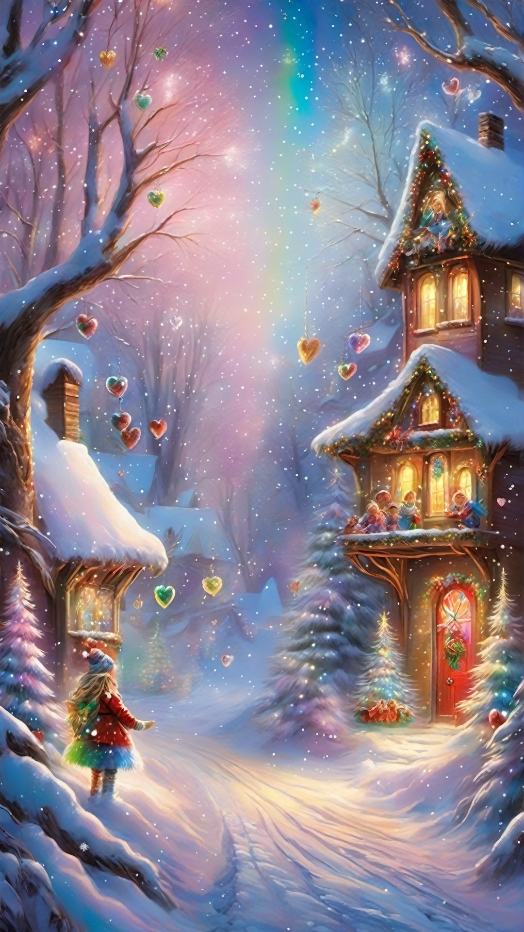 Pass through a mysterious door and come to a Christmas Eve in a different world. In this world, the trees are rainbow-colored, the snowflakes are sparkling crystals, and the air is filled with the sweet aroma of chocolate. A group of elves with colorful wings and feathers hold hands and leave an arc of rainbow in the sky. They evoke the childish dream deep in the hearts of everyone in the world. In this mysterious Christmas wonderland, miracles and fantasy are intertwined, bringing endless joy to people