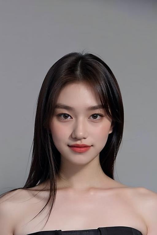 ((1girl)), ((bare pectorals)), bare head, (strapless tube top:1.5), strapless dress:1.5, (((bare shoulders))), (plain grey background), symmetrical pose, symmetrical face, studio lighting, looking at viewer, ((long straight hair)), brown hair, smile, perfect lighting, (Minimalist Light Grey background), <lora:doyeonlorashy:1>