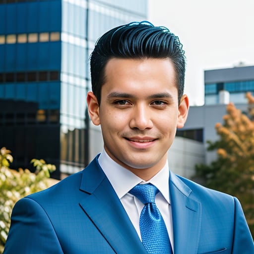 (portrait of eiemp person), wearing a professional sky blue suit with tie, corporate photo shoot,  warm smile, background city building with green tree (photo, studio lighting, hard light, sony a7, 50 mm, matte skin, pores, colors, hyperdetailed, hyperrealistic)