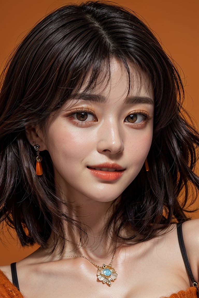 (masterpiece,best quality,ultra-detailed,8K,intricate, realistic),girl in photo studio,smile,black bob_cut,earrings,jewelry,(close-up on face),(orange:1.5) high neck shirt,(colorful),rembrandt lighting,won-nara