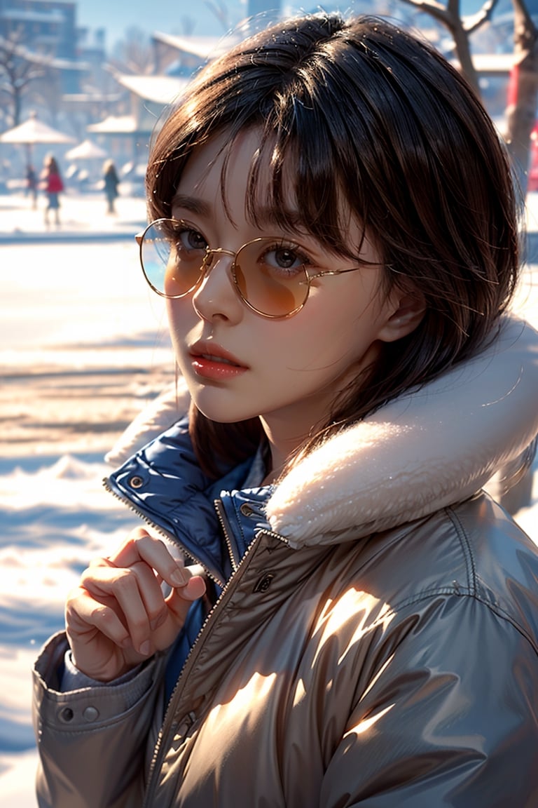 (masterpiece, best quality, ultra-detailed, 8K),beautiful girl standing in snow park,:),bobcut,(close-up on face),sunglasses,(blue winter jacket),(colorful),cinematic lighting,kwon-nara