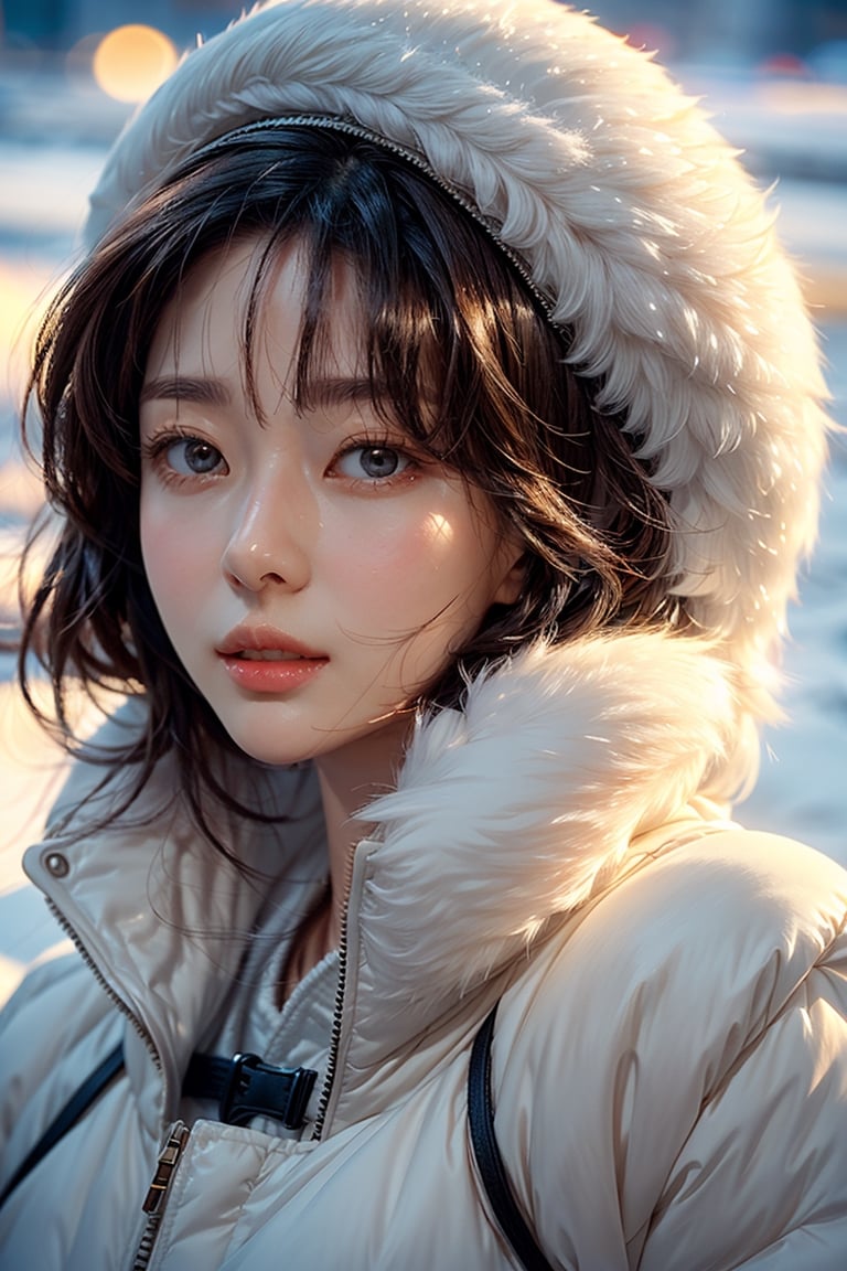 (masterpiece, best quality, ultra-detailed, 8K),beautiful girl standing in snow park,:),bobcut,(close-up on face),snow goggle,(blue winter jacket),(colorful),cinematic lighting,kwon-nara