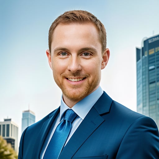 (portrait of jnrpt person), wearing a professional sky blue suit with tie, corporate photo shoot,  warm smile, background city building with green tree (photo, studio lighting, hard light, sony a7, 50 mm, matte skin, pores, colors, hyperdetailed, hyperrealistic)