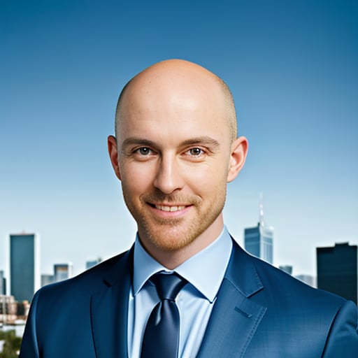 (portrait of jnrpt person), bald head, wearing a professional sky blue suit with tie, corporate photo shoot,  warm smile, background city building with green tree (photo, studio lighting, hard light, sony a7, 50 mm, matte skin, pores, colors, hyperdetailed, hyperrealistic)