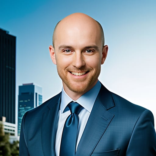 (portrait of jnrpt person), bald head, wearing a professional sky blue suit with tie, corporate photo shoot,  warm smile, background city building with green tree (photo, studio lighting, hard light, sony a7, 50 mm, matte skin, pores, colors, hyperdetailed, hyperrealistic)