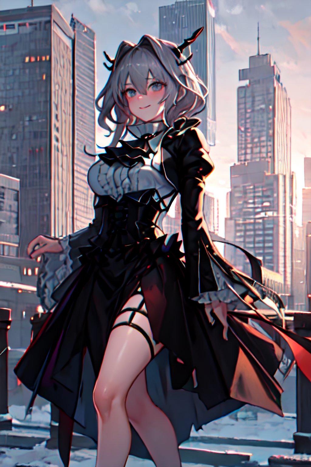 masterpiece, best quality, 1girl,, solo,full_body,
 talulah, 
blush,evil smile
horns, grey_hair, hair_intakes, bangs, 
, hair_between_eyes, short_hair
, grey_eyes
,huge breasts,

ascot, black_ascot
, black_dress, long_sleeves,(dress_open:1.2),shirt_open
, frills

