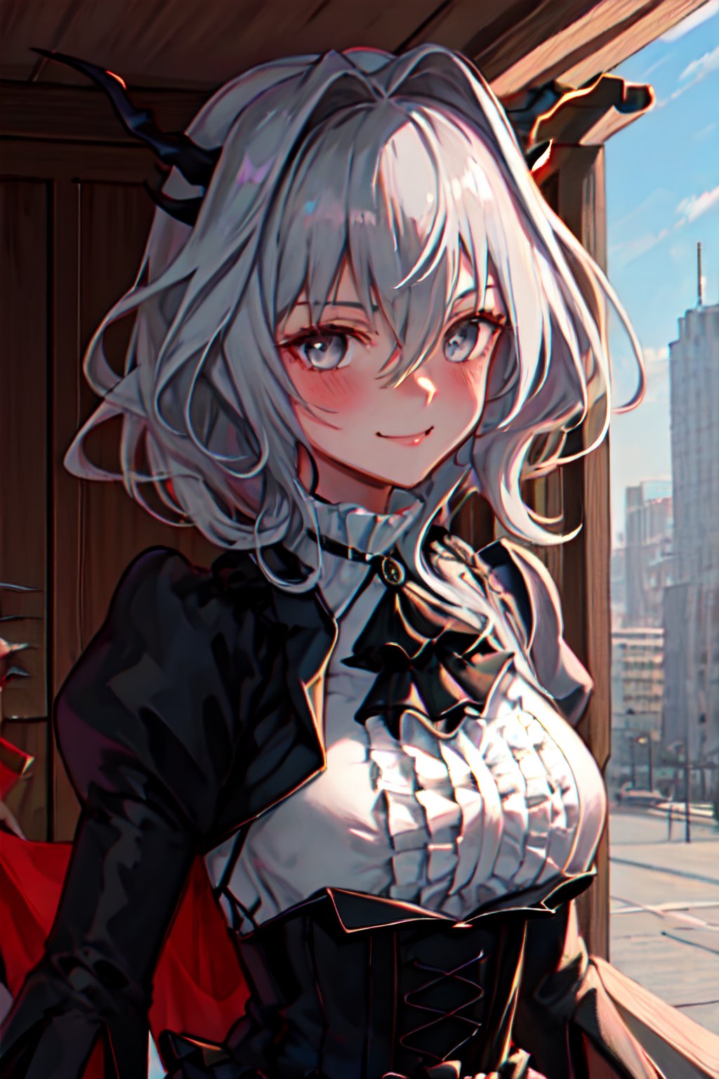 masterpiece, best quality, 1girl,, solo,
 talulah, 
blush,evil smile
horns, grey_hair, hair_intakes, bangs, 
, hair_between_eyes, short_hair
, grey_eyes
,large breasts

ascot, black_ascot
, black_dress, long_sleeves,(dress_open:1.2),shirt_open
, frills

