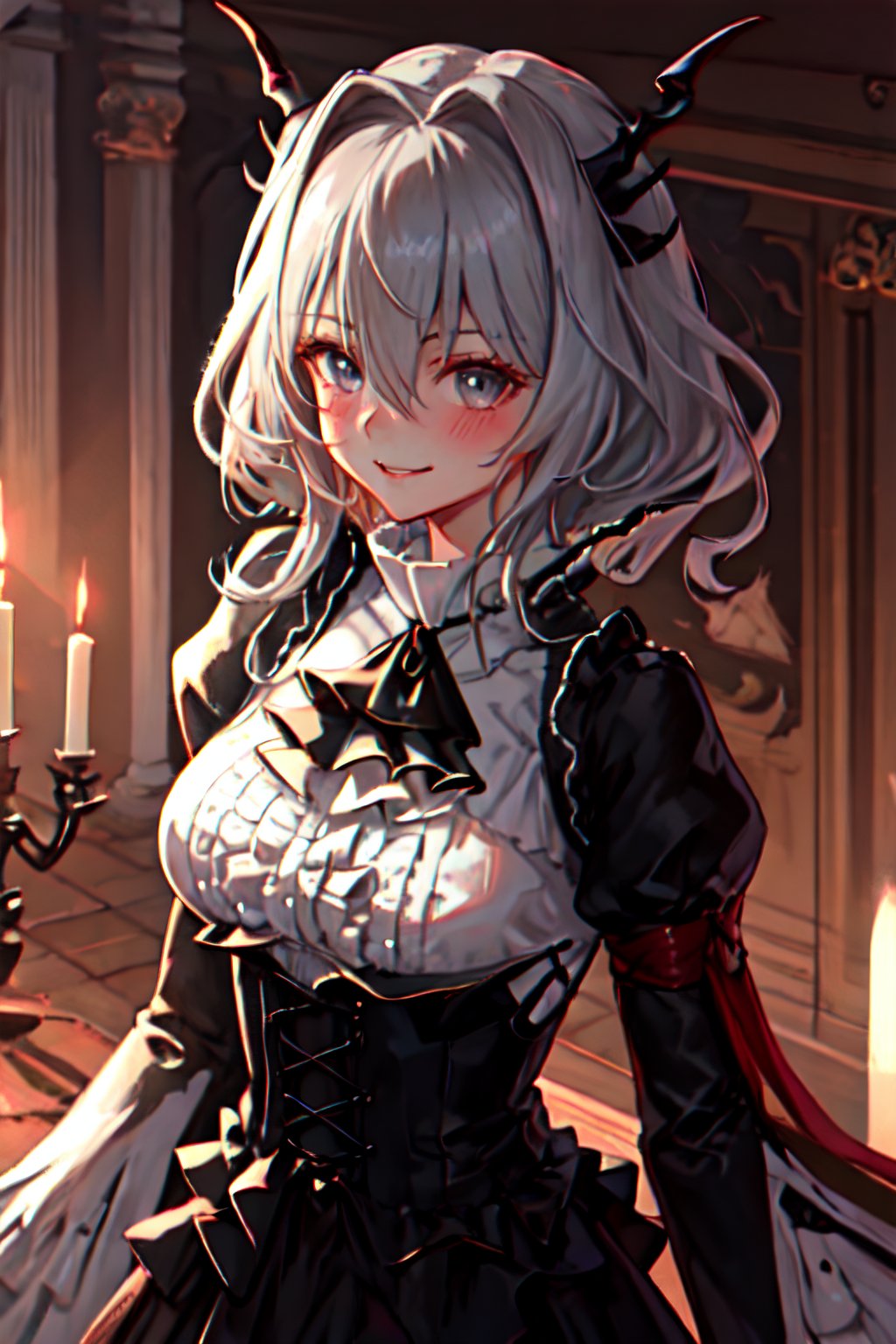 masterpiece, best quality, 1girl,, solo,
 talulah, 
blush,evil smile
horns, grey_hair, hair_intakes, bangs, 
, hair_between_eyes, short_hair
, grey_eyes
,large breasts

ascot, black_ascot
, black_dress, long_sleeves
, frills
