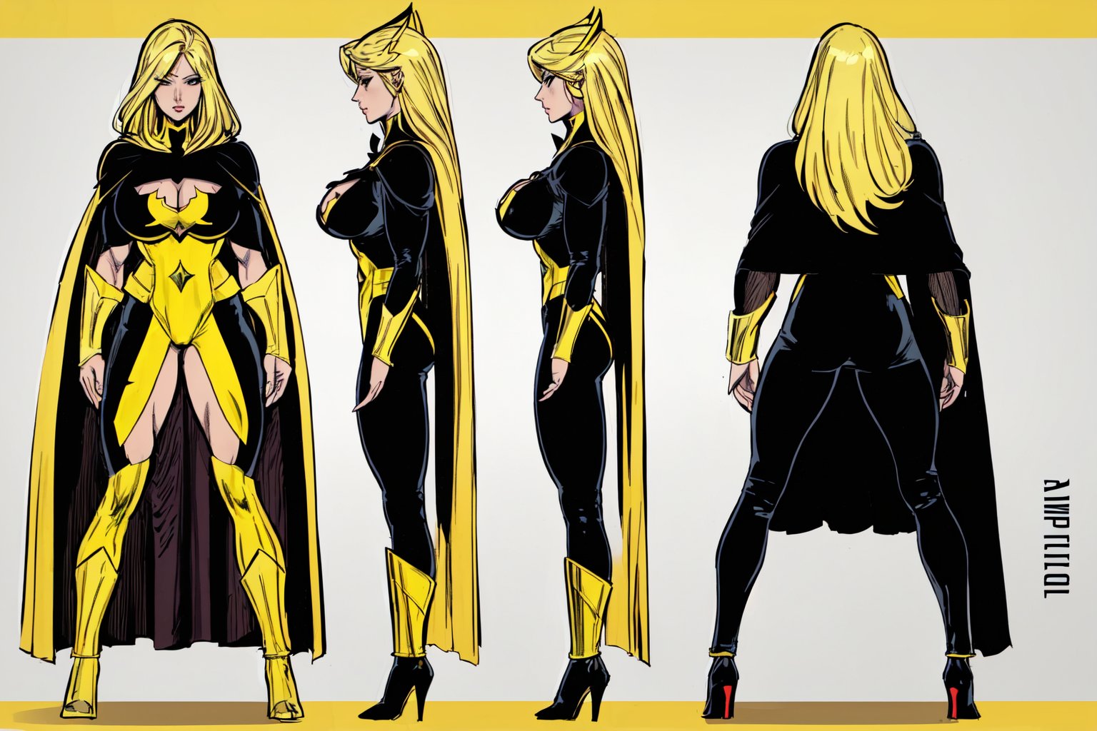 woman, superheroine, blonde long hair, yellow and black superheroe costume, cape, high heels, cleavage cutout, reference sheet, 3 views