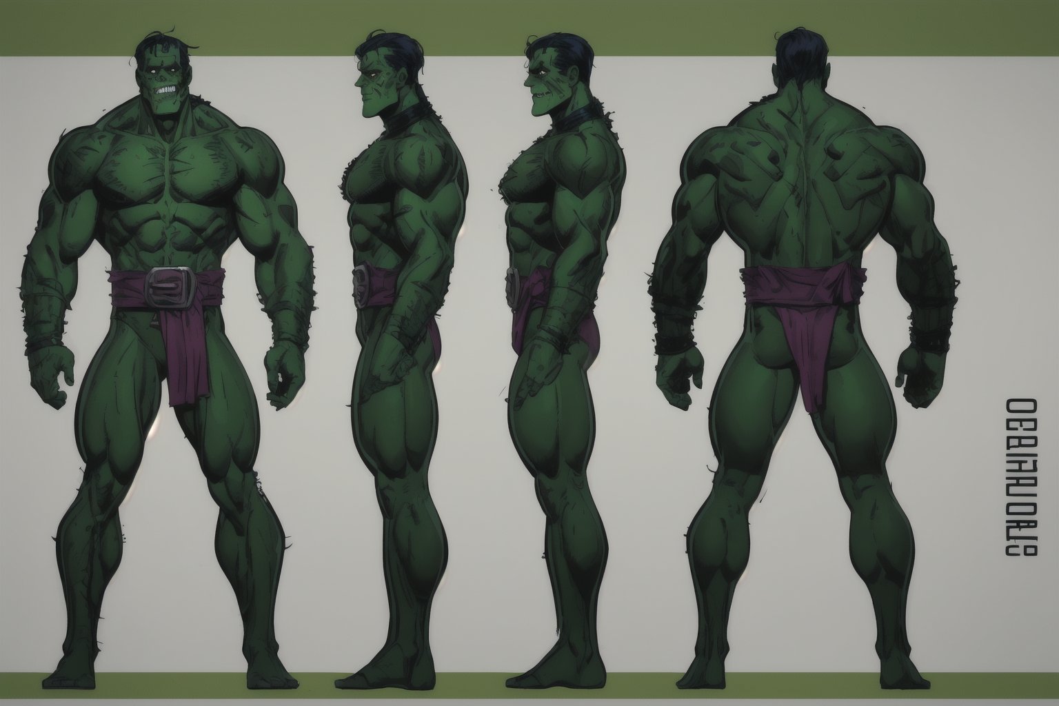 Full body, Frankenstein  monster, green skin, strong, reference sheet, 3 views,cartoon