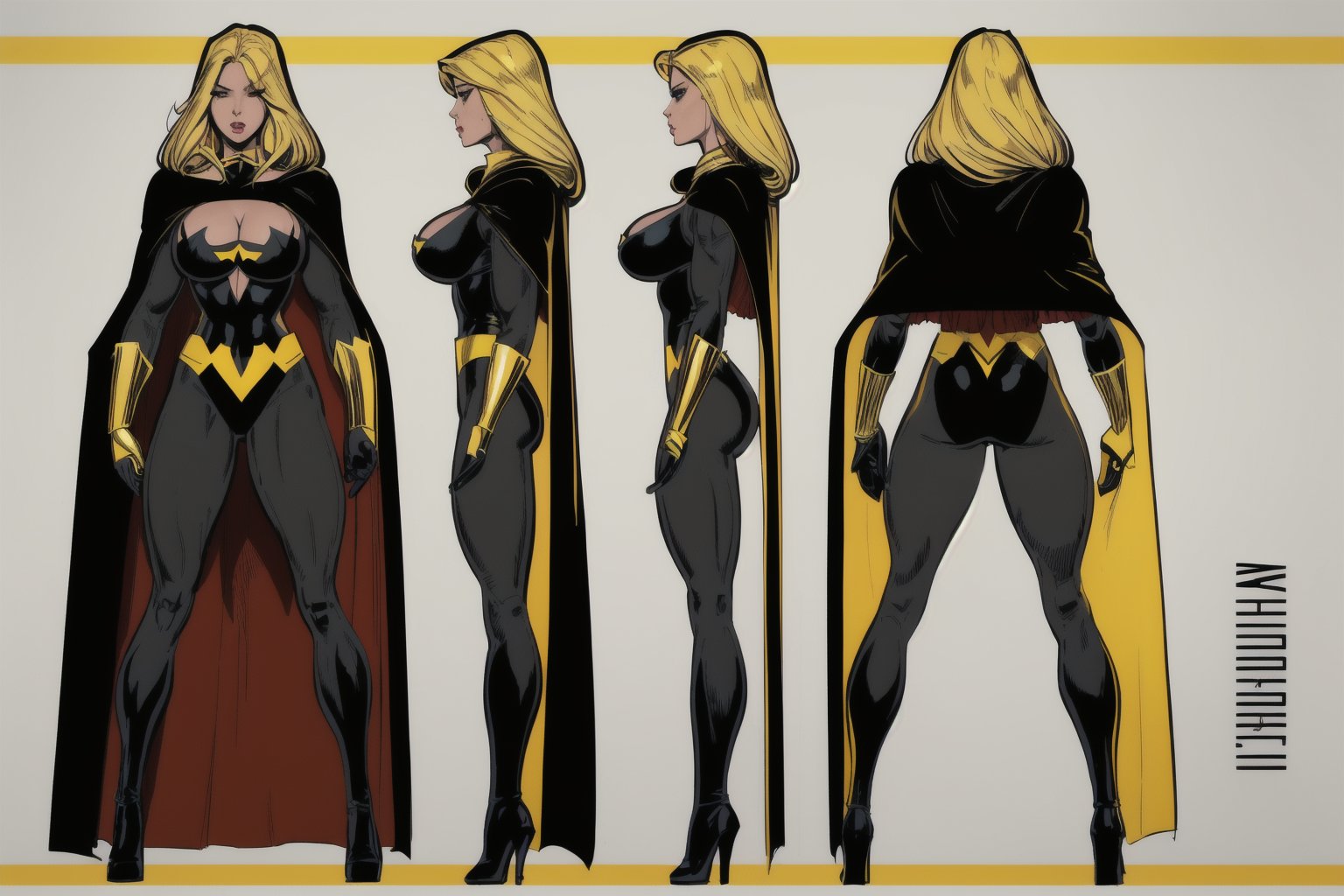 woman, superheroine, blonde long hair, yellow and black superheroe costume, cape, high heels, cleavage cutout, reference sheet, 3 views,PoP art
